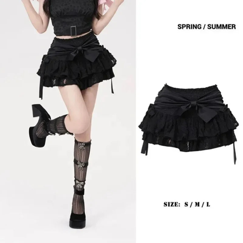 Black Bow High Waisted Fluffy Skirt Women's Cake Skirt Hole Lace Irregular Hem Shorts Prevent Awkwardness Korean Fashion Punk