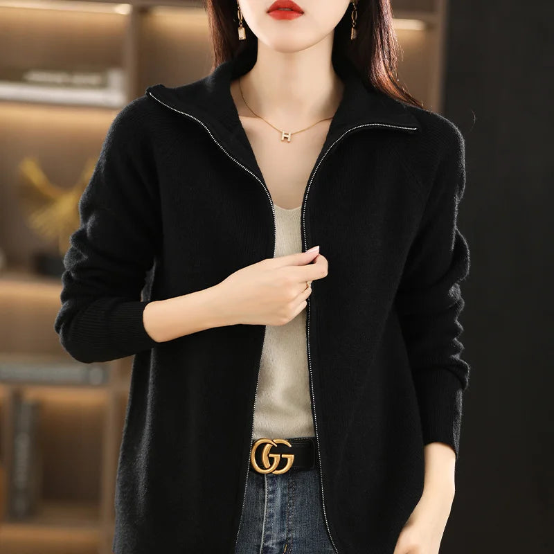 New Autumn And Winter Knitted Cardigan Women's Lapel Solid Color Zipper Thickened Loose Short Sweater Coat