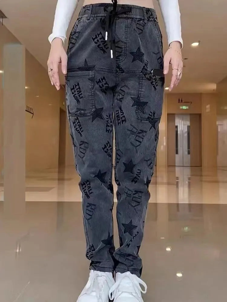 Jacquard Jeans Women's Elastic Casual Feet Trousers Harem Pants Multi-Pocket Distressed Ankle-Tied Painted Jeans Baggy Jeans