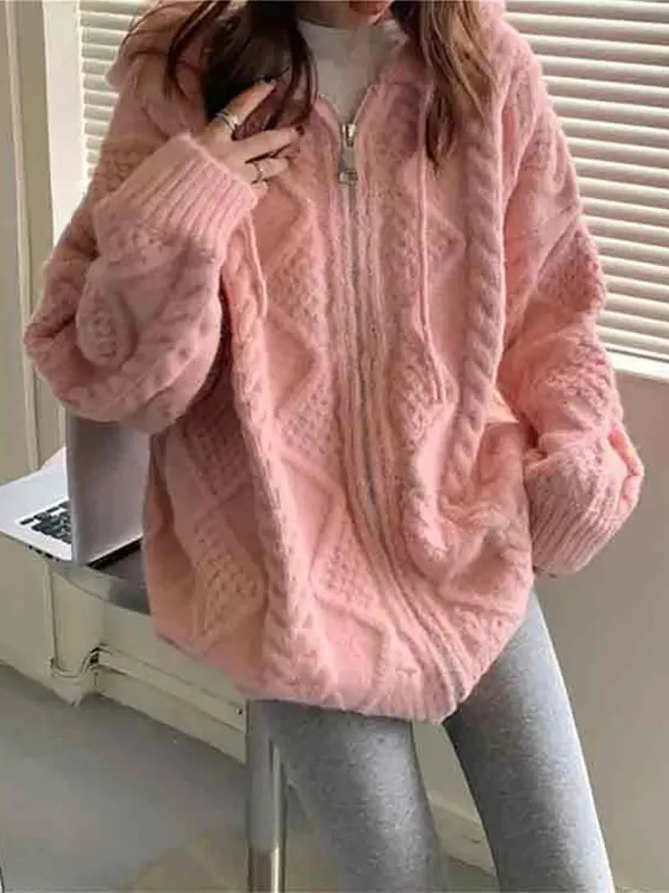 Women's Autumn/Winter Korean Vintage Sweater Knitted Coat Loose Cardigan Sweater Hooded Lazy Casual Sweater S-3XL