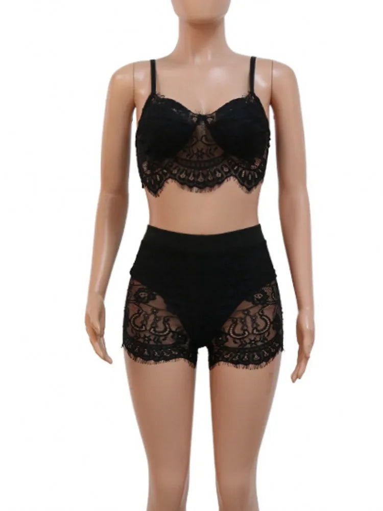 Night Club Party 2 Pices Set Outfits Summer Women Sling Short Top And Package Hip Shorts Sexy Lace Two-piece Set Clubwear black