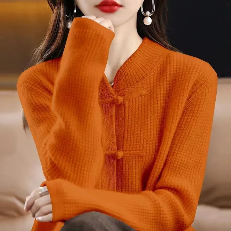 Vintage Knitted Cardigan Women's Thickened Half High Collar frog Loose Slim Sweater Coat Chinese Style Top Autumn And Winter N