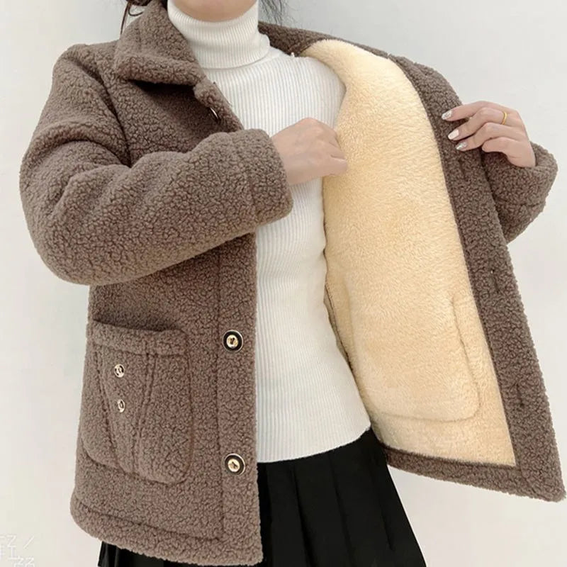 2023 New Thick Fleece Winter Single Breasted Lamb Fur Women's Coat Mom Wear Lapel Pocket Imitation Fur Warm Casual Jacket Female