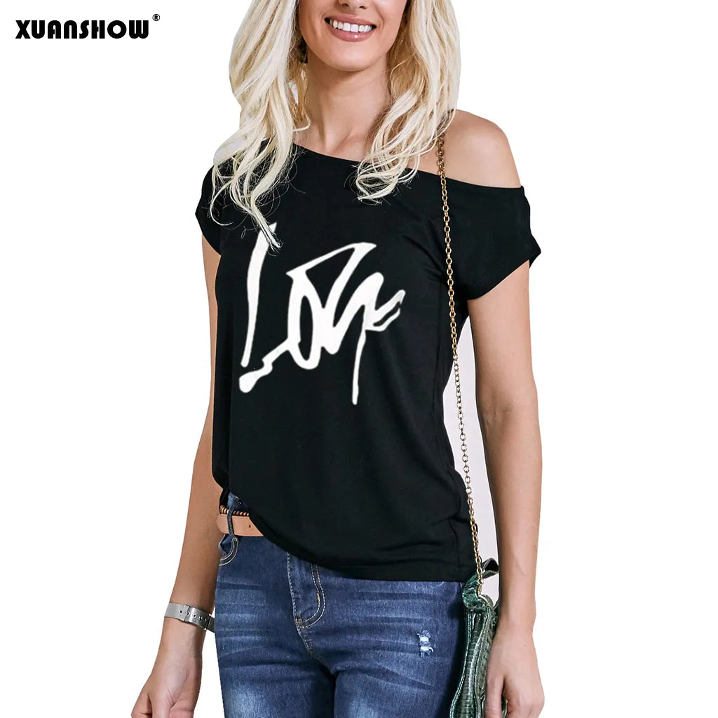 XUANSHOW 2022 Fashion Slouchy Tops Shirts Women's Casual Clothes Short Sleeve Sexy Love Print Off Shoulder T-Shirt