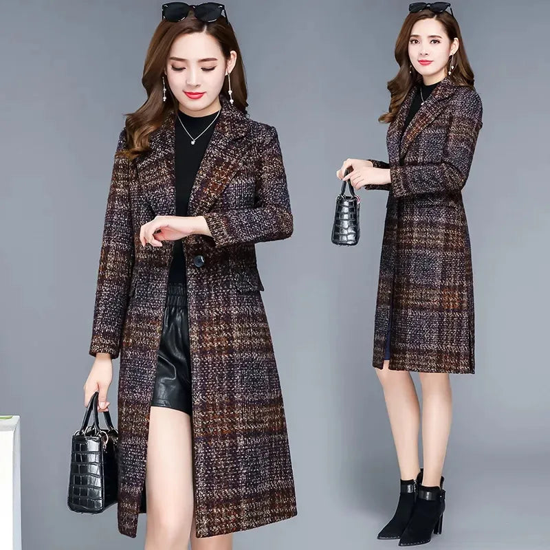 Thicken Plaid Woolen Jacket Women's 5XL Autumn Winter 2023 New Slim Mother Temperament Long Coat Warm Female Casual Overcoat