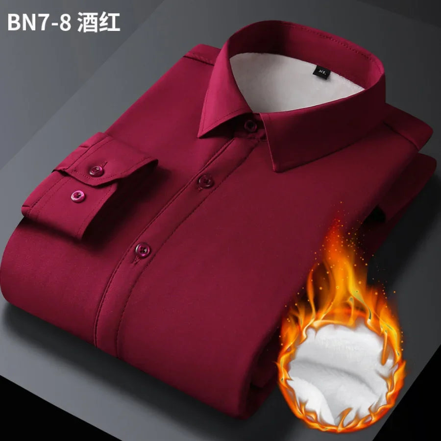 2023 Men's Autumn Winter Long Sleeve Shirts White Warm Fleece Stretch Shirt Formal Business Office Wear Dress Shirts Male M-5XL