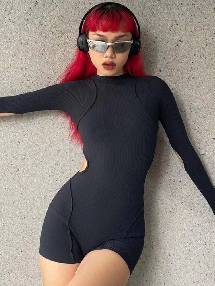Solid Black Rompers Womens Jumpsuit High Waist Hollow Out Bodycon Playsuit Long Sleeve Sexy Bodysuit Y2k One Piece Ropa De Mujer