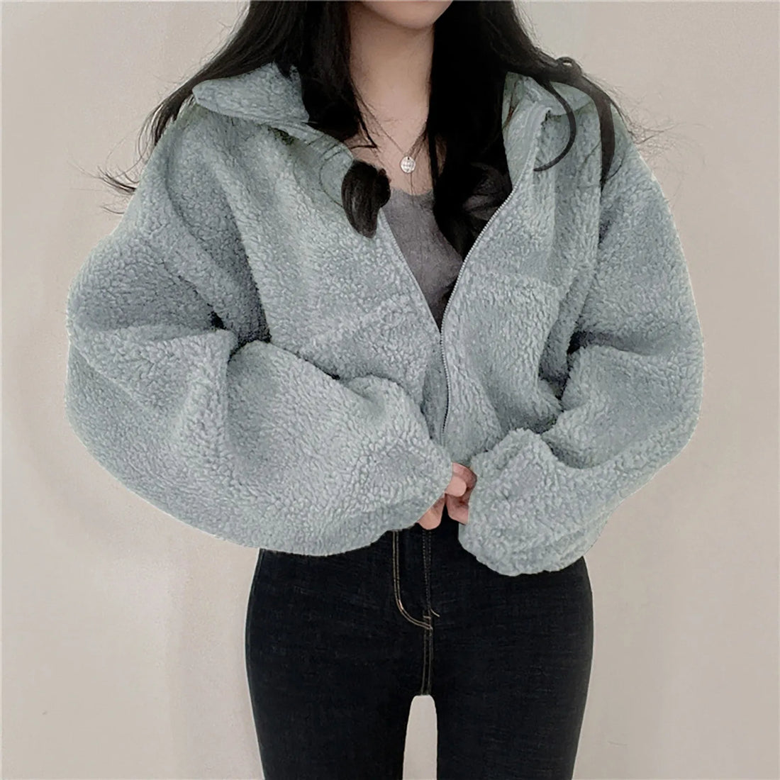 Fleece Hoodie Thickened Warm Women Zippe Sweatshirts No Hood Women'S Stand Collar Short Loose Plush Coats Winter Zipper Jackets