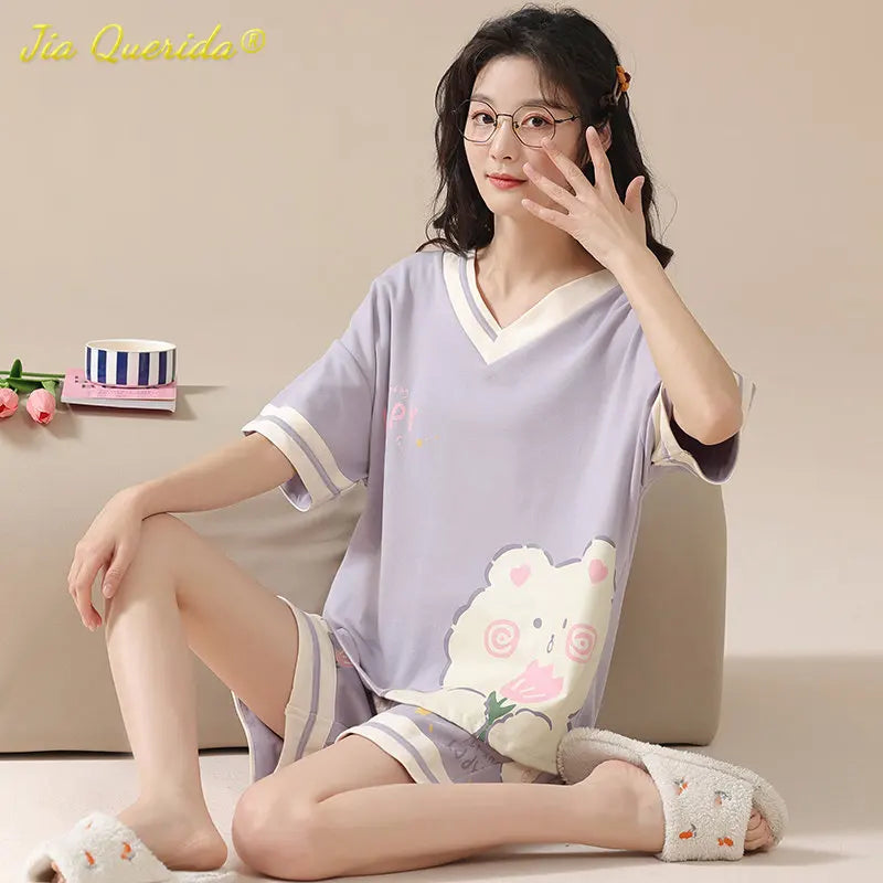 Kawaii Rabbit Print Women's Pajamas Set 100% Cotton High Quality Pijamas Short Sleeve Nightwear Fashion Lingerie Sleep Wear