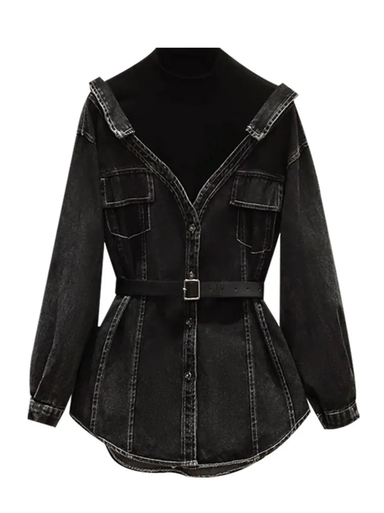 DEAT Women's Denim Coat Lapel Patchwork Pocket Single Breasted Belt Fake Two Piece Shirt Jackets 2023 Autumn New Fashion 29L157