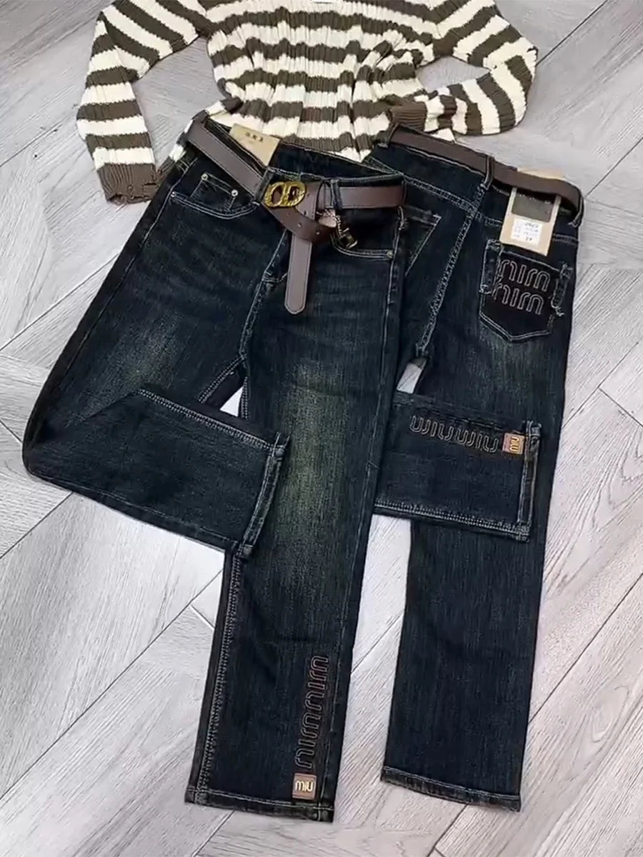 Y2k Women Jeans Large Size Straight Leg Women's Pants 2023 New High-waisted Slimming Elastic Design Nine Points Women's Pants