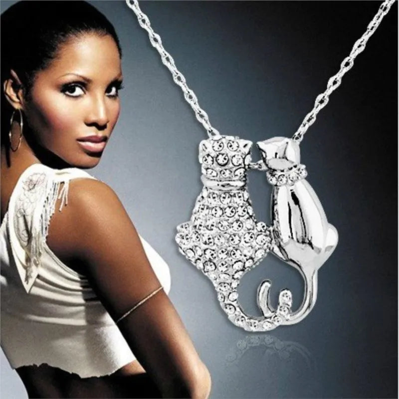 shine rhinestones Couple cat kitten Pendant Necklace sweater chain fashion jewelry lover girl birthday gift quality party date