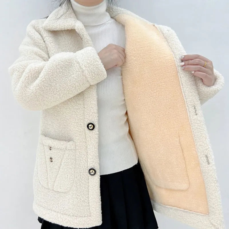 2023 New Thick Fleece Winter Single Breasted Lamb Fur Women's Coat Mom Wear Lapel Pocket Imitation Fur Warm Casual Jacket Female