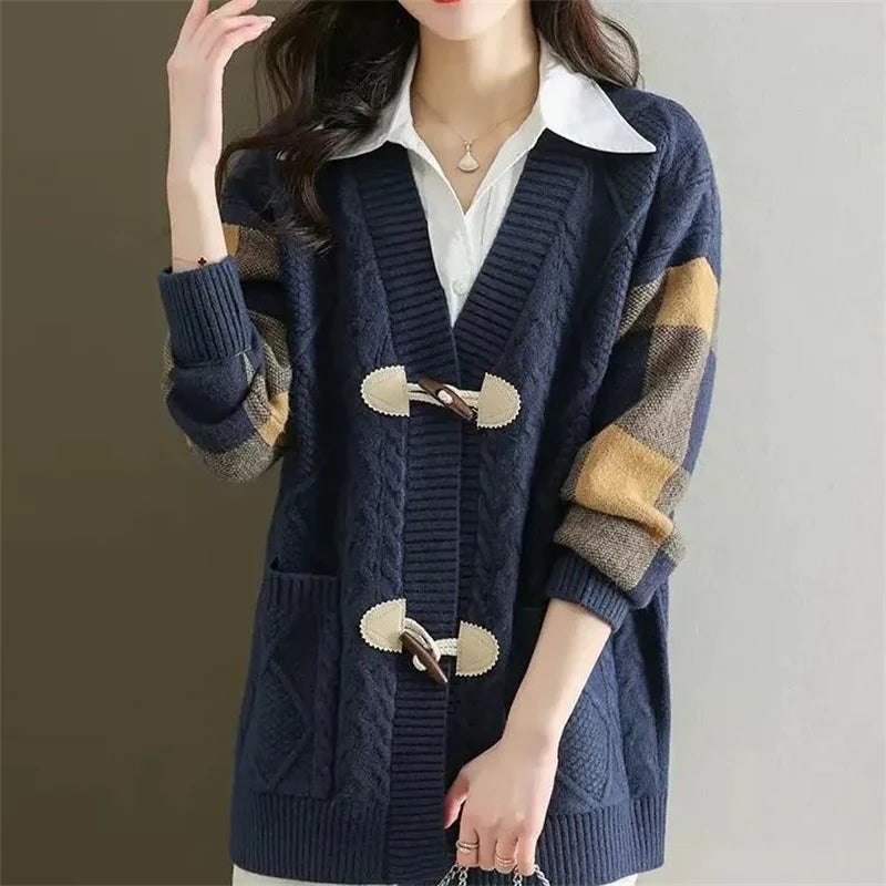 2023 Spring and Autumn New Female Fashion Cowhorn Button Mid Length Sweater Cardigan Coat Women's Lazy Loose Knitted Outwear