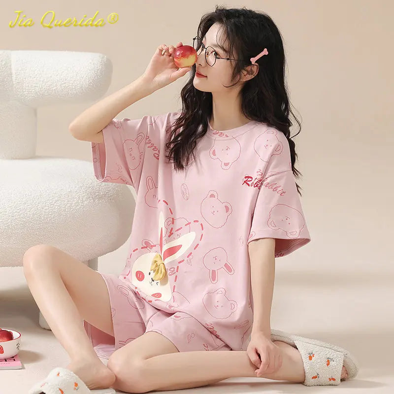 Kawaii Rabbit Print Women's Pajamas Set 100% Cotton High Quality Pijamas Short Sleeve Nightwear Fashion Lingerie Sleep Wear