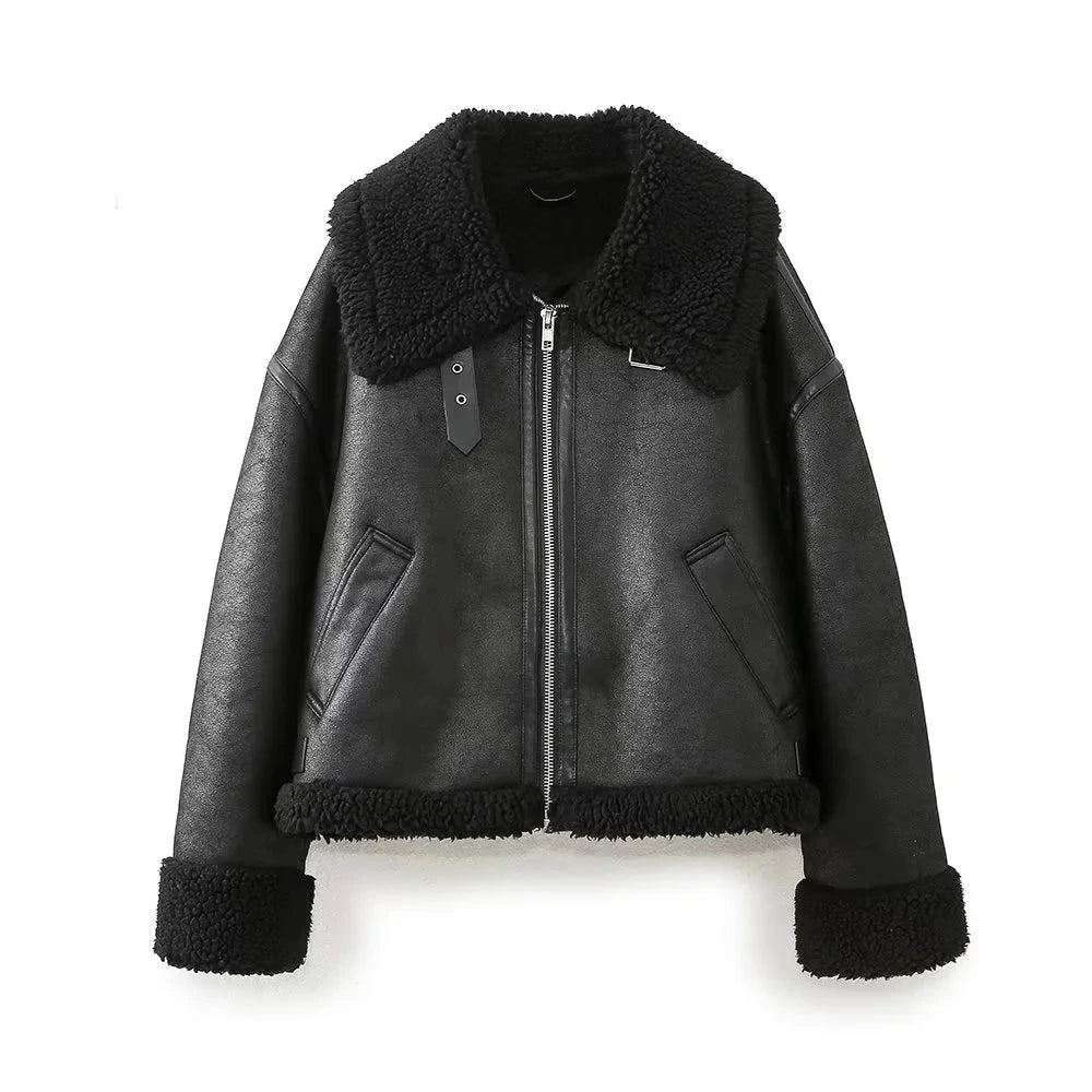 TRAF Women's Double-faced Biker Jacket Black Lapel Long Sleeve Zipped Short Jacket Winter New Warm Lambswool Thicken Outerwear