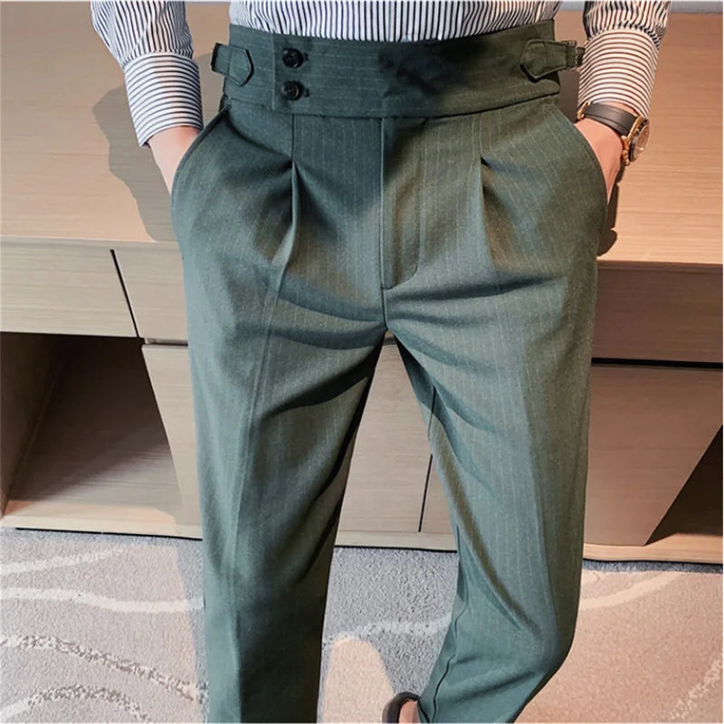 Fall 2022 High Quality Business Casual Draped High-waist Trousers Men Stripes Formal Pants Male Formal Office Social Suit Pants