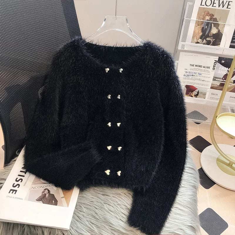 Imitation Mink Knitted Cardigan Sweater Coat Women's 2023 New Autumn Winter New Elegant Heart Double Breasted Long Sleeve Top