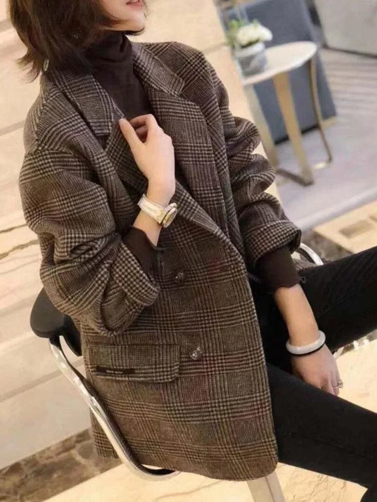 Suit Coats and Jackets Women Casual Lattice Loose Winter Coat for Women Single Breasted Pockets Korean Fashion Women's Wool Coat