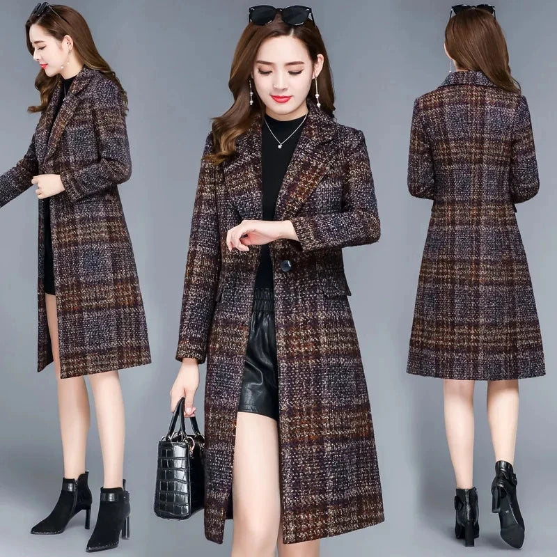 Thicken Plaid Woolen Jacket Women's 5XL Autumn Winter 2023 New Slim Mother Temperament Long Coat Warm Female Casual Overcoat