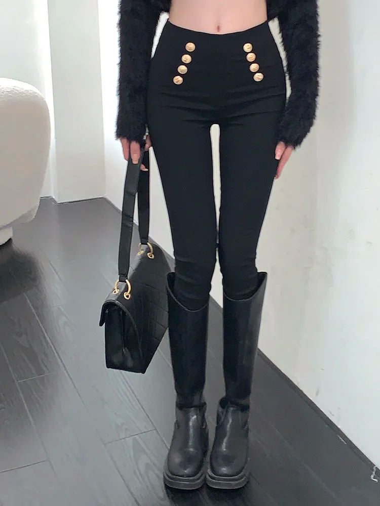 Fashion women's trousers 2023 Spring autumn high-elastic double-breasted tight-fitting high-waisted slimming pants Women's pants