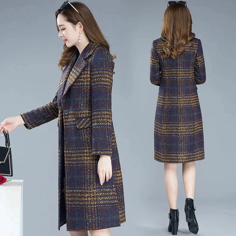 Thicken Plaid Woolen Jacket Women's 5XL Autumn Winter 2023 New Slim Mother Temperament Long Coat Warm Female Casual Overcoat