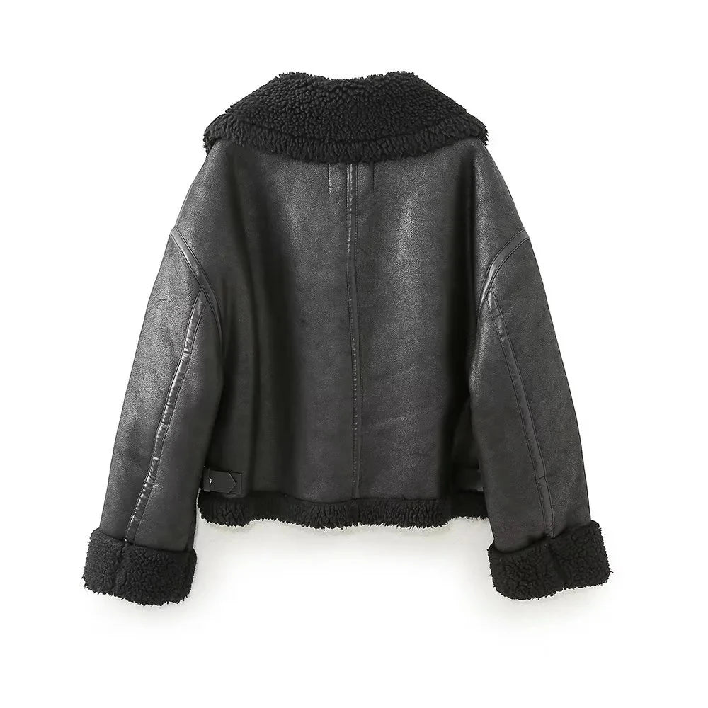 TRAF Women's Double-faced Biker Jacket Black Lapel Long Sleeve Zipped Short Jacket Winter New Warm Lambswool Thicken Outerwear