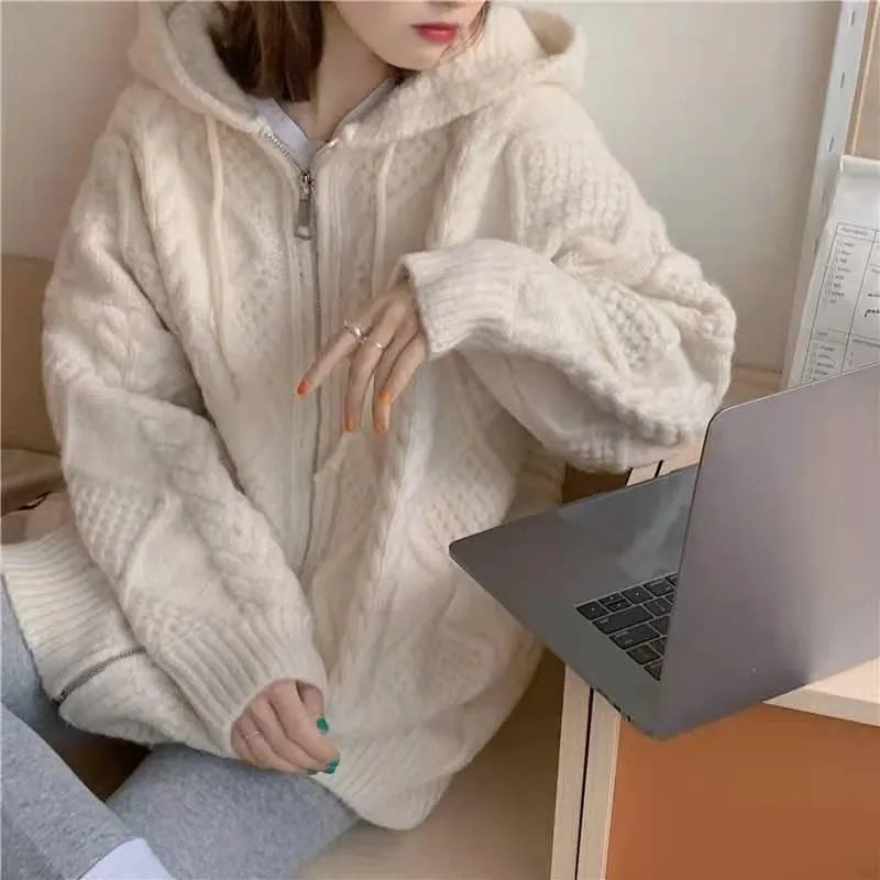 Women's Autumn/Winter Korean Vintage Sweater Knitted Coat Loose Cardigan Sweater Hooded Lazy Casual Sweater S-3XL