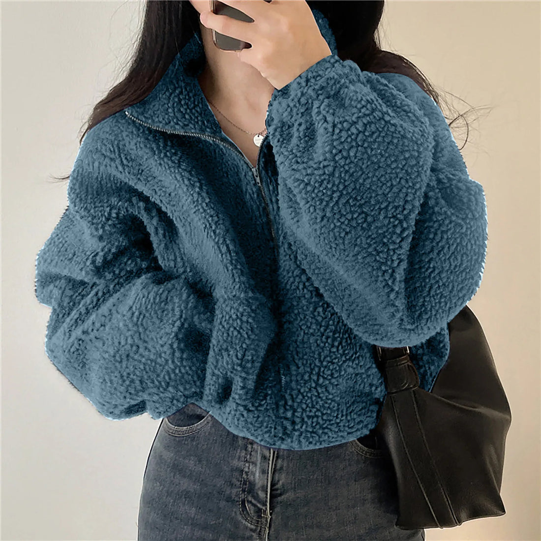 Fleece Hoodie Thickened Warm Women Zippe Sweatshirts No Hood Women'S Stand Collar Short Loose Plush Coats Winter Zipper Jackets