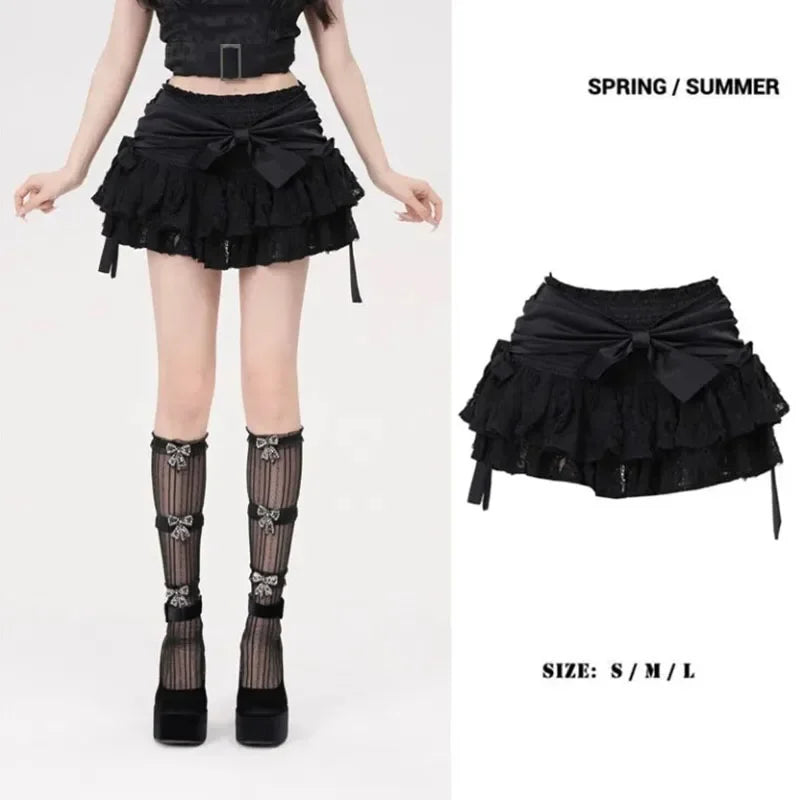 Black Bow High Waisted Fluffy Skirt Women's Cake Skirt Hole Lace Irregular Hem Shorts Prevent Awkwardness Korean Fashion Punk