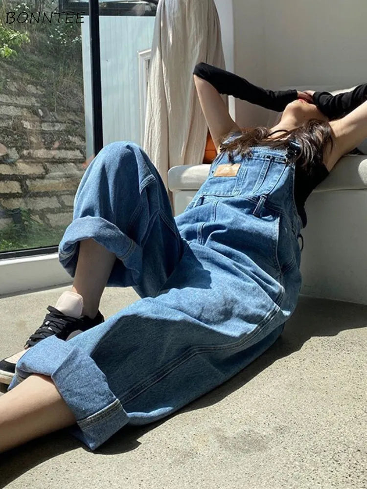 Women Jumpsuits Denim Trousers High Waisted Baggy Wide Leg Overalls American Street Teens Hip Hop College All-match Vintage Cool