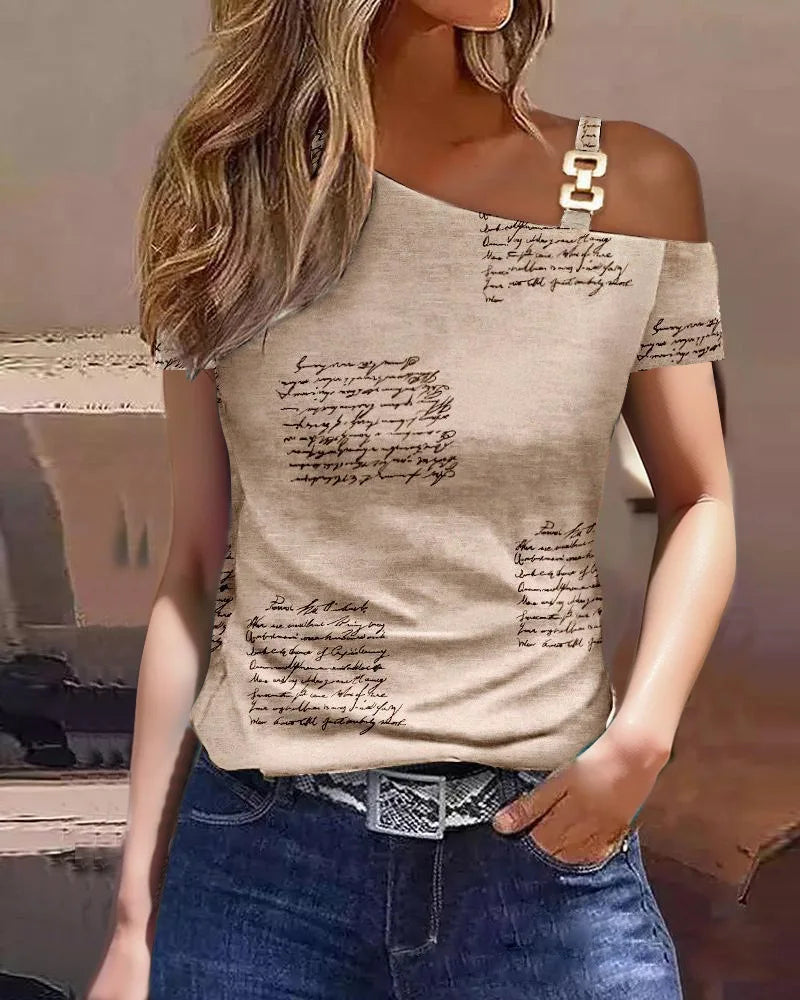 Women's Casual Tees Sexy Tops 2023 Summer Simple Short Sleeve Metal Button Print Cutout Off Shoulder T-shirt S-XXL