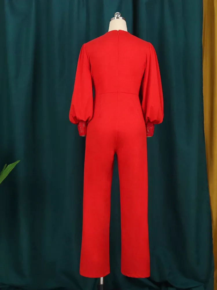 Elegant Fashion Women Jumpsuits Puffy Long Sleeve Lace Stitching See Through Wide Leg Pants Elastic Rompers Party Office Outfits