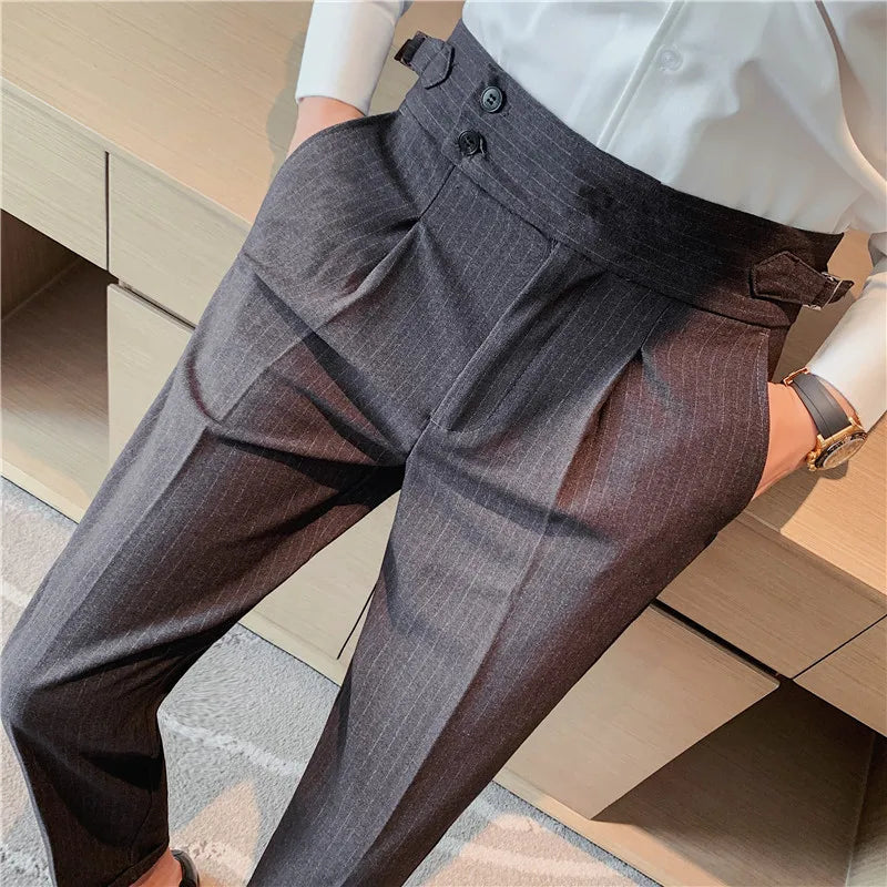 Fall 2022 High Quality Business Casual Draped High-waist Trousers Men Stripes Formal Pants Male Formal Office Social Suit Pants