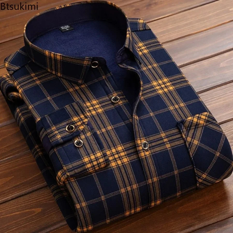 2023 Men's Winter Warm Long Sleeve Plaid Shirts Flannel Fur Lined Thick Formal Shirts Fleece Casual Shirt for Men Dress Shirts
