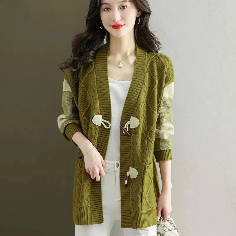 2023 Spring and Autumn New Female Fashion Cowhorn Button Mid Length Sweater Cardigan Coat Women's Lazy Loose Knitted Outwear