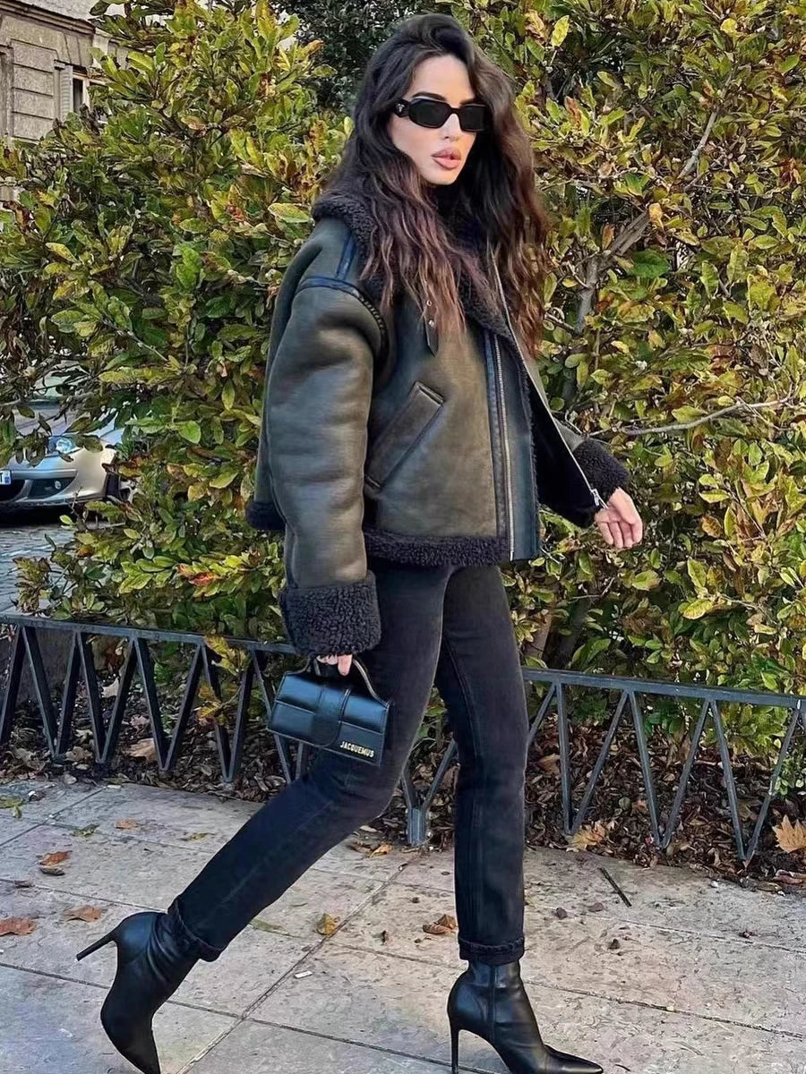 TRAF Women's Double-faced Biker Jacket Black Lapel Long Sleeve Zipped Short Jacket Winter New Warm Lambswool Thicken Outerwear