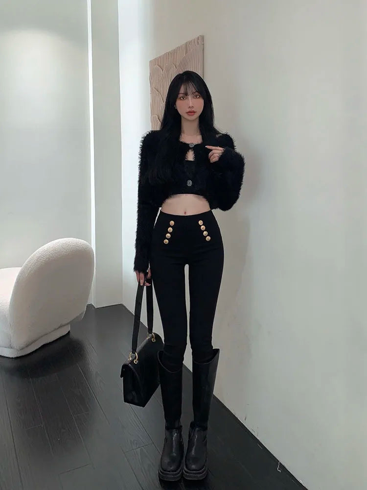 Fashion women's trousers 2023 Spring autumn high-elastic double-breasted tight-fitting high-waisted slimming pants Women's pants