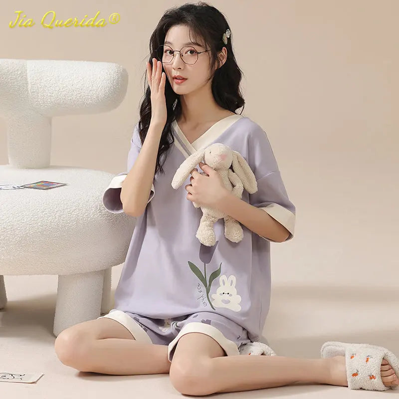 Kawaii Rabbit Print Women's Pajamas Set 100% Cotton High Quality Pijamas Short Sleeve Nightwear Fashion Lingerie Sleep Wear