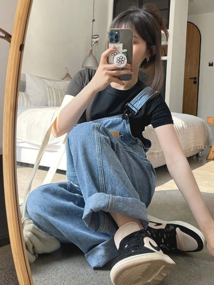 Women Jumpsuits Denim Trousers High Waisted Baggy Wide Leg Overalls American Street Teens Hip Hop College All-match Vintage Cool