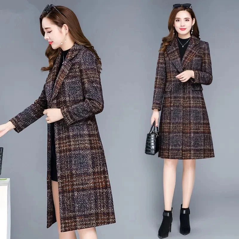 Thicken Plaid Woolen Jacket Women's 5XL Autumn Winter 2023 New Slim Mother Temperament Long Coat Warm Female Casual Overcoat