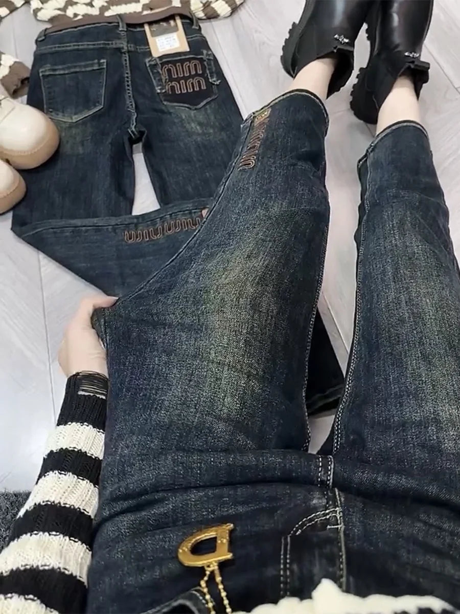 Y2k Women Jeans Large Size Straight Leg Women's Pants 2023 New High-waisted Slimming Elastic Design Nine Points Women's Pants