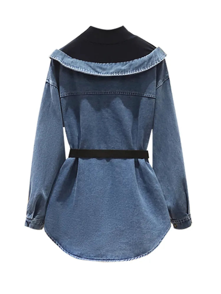 DEAT Women's Denim Coat Lapel Patchwork Pocket Single Breasted Belt Fake Two Piece Shirt Jackets 2023 Autumn New Fashion 29L157