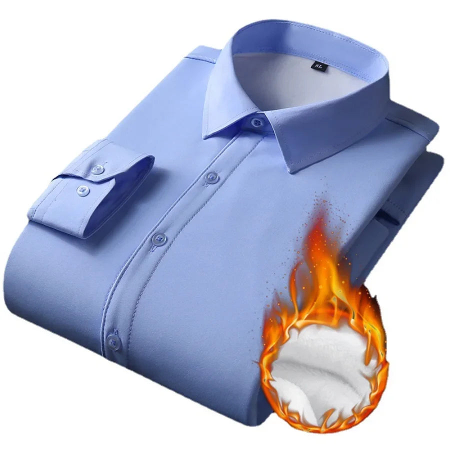 2023 Men's Autumn Winter Long Sleeve Shirts White Warm Fleece Stretch Shirt Formal Business Office Wear Dress Shirts Male M-5XL