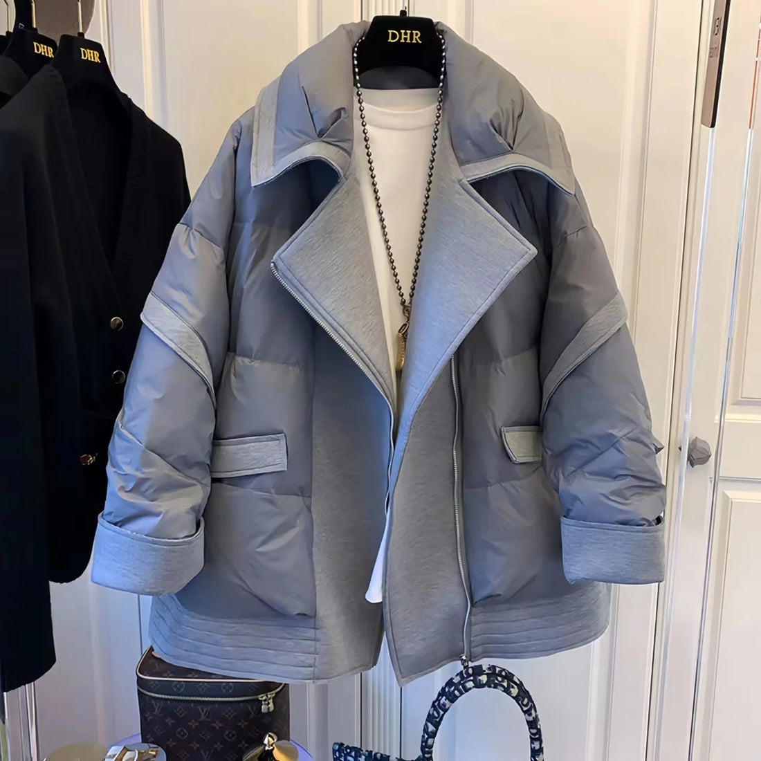 Women's Korean Style Cotton-Padded Jacket, Suit Collar, Panel Parka, Short Loose Coat, Fashion and Chic Jackets, Winter, New