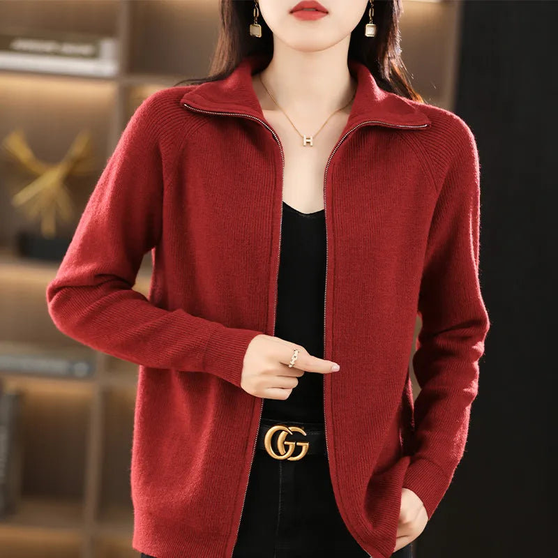 New Autumn And Winter Knitted Cardigan Women's Lapel Solid Color Zipper Thickened Loose Short Sweater Coat