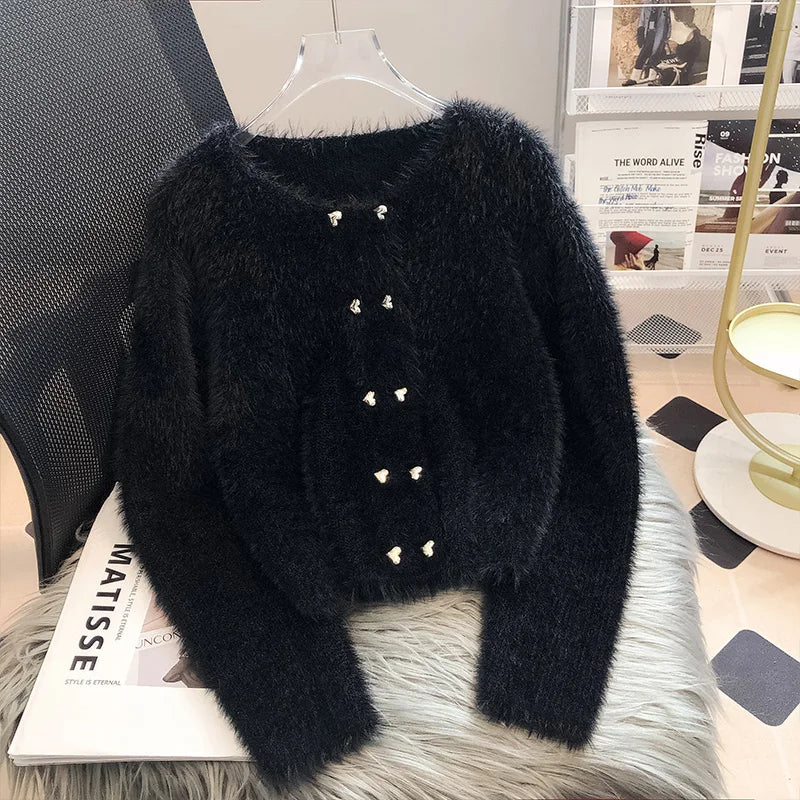 Imitation Mink Knitted Cardigan Sweater Coat Women's 2023 New Autumn Winter New Elegant Heart Double Breasted Long Sleeve Top