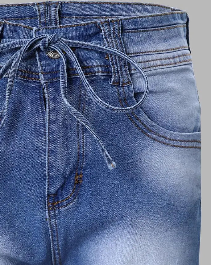 Casual High Waist Denim Shorts Pocket Zipper Tied Detail Design Above Knee Daily Women's Fashion Skinny Denim Short