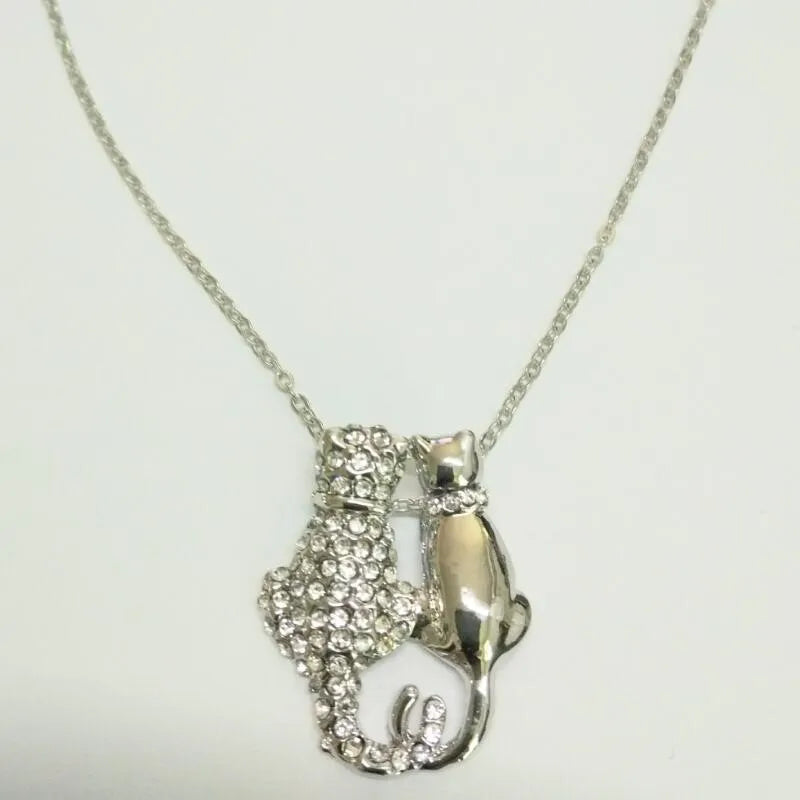 shine rhinestones Couple cat kitten Pendant Necklace sweater chain fashion jewelry lover girl birthday gift quality party date