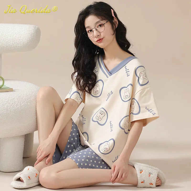 Kawaii Rabbit Print Women's Pajamas Set 100% Cotton High Quality Pijamas Short Sleeve Nightwear Fashion Lingerie Sleep Wear